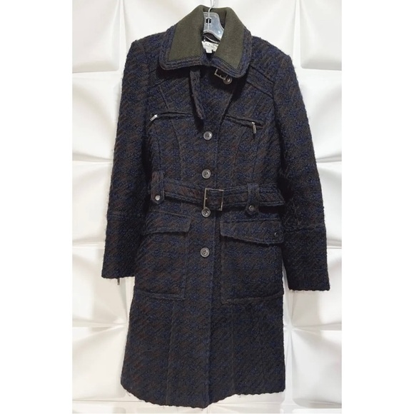 Laundry by Shelli Segal Womens Sz 6 Long Blue Tweed Houndstooth Wool Belted Coat - Picture 1 of 11